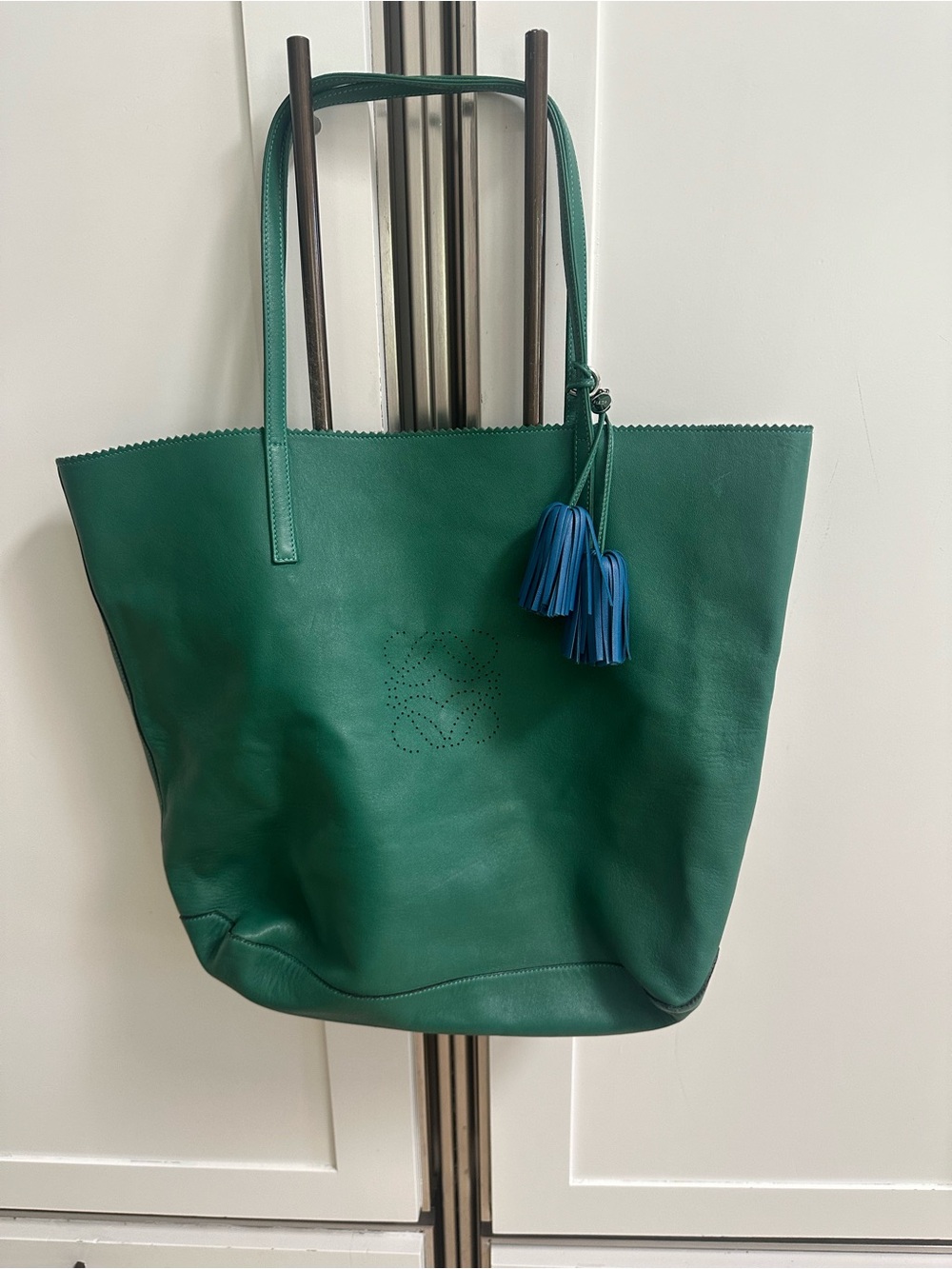 Loewe Green Leather Nappa Lia anagram Tote with Blue Tassel Accents